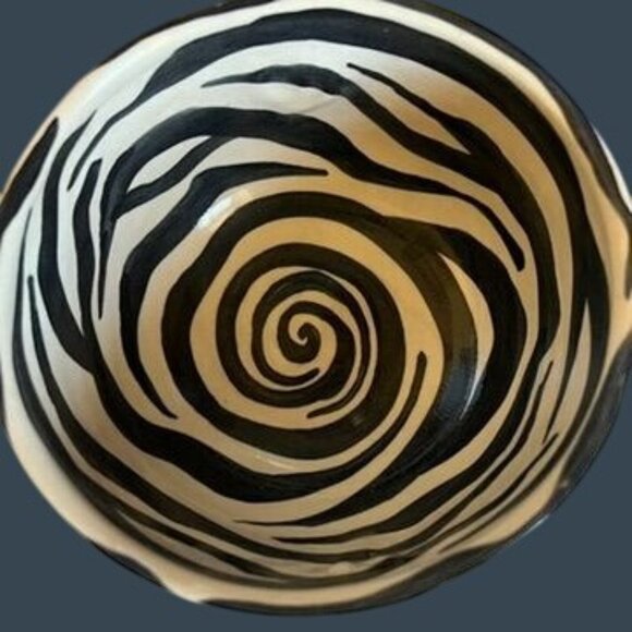 Two Zebra Swirl Studio Art Bowls Spiral Handles 5" x 3" Boho Chic Black White - Picture 7 of 12